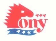 The word Pony. The letter "P" in Pony is represented by the image of a pony's head.