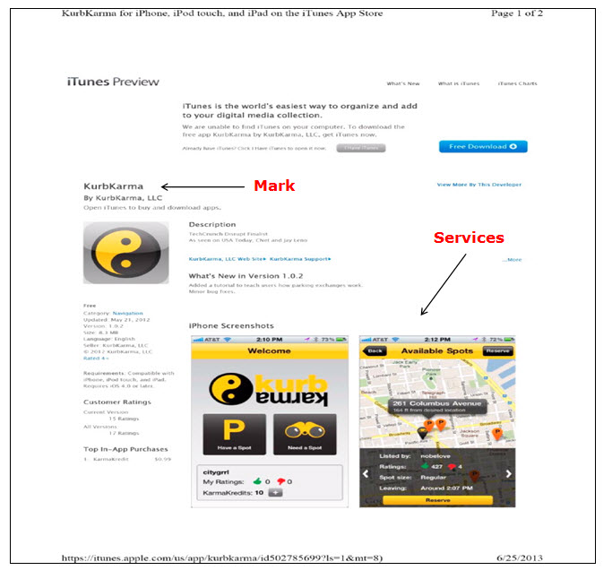 Screenshot of iTues webpage displaying two screenshots of an iPhone, one being the home screen of a computer application and the other being a street map showing available parking spots for the on-line matching services.