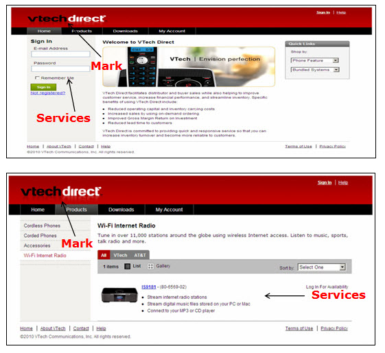 Above: Screenshot of Vtech Direct webpage containing sign-in fields for logging in and accessing the online business-to-business store services. Below: Screenshot of Vtech Direct webpage advertising the online business-to-business store services.