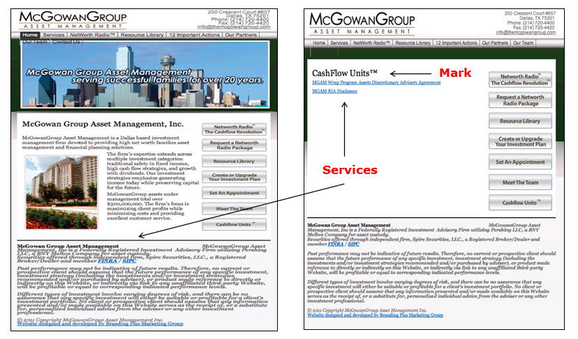 Left: Screenshot of McGowan Group webpage showing applicant's mark CashFlow Units for financial sevices offered by McGowan Group Asset Management company. Right: Screenshot of McGowanGroup webpage displaying applicant's mark CashFlow Units immediately above links to two documents, one for MGAM Wrap Program Assets Discretionary Advisory Agreement and the other for MGAM RIA Disclosure. 