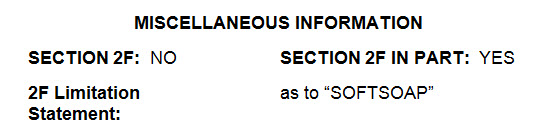 Sample TRAM database view with Section 2F marked as "NO and Section 2F in part marked as "YES" and the 2F Limitation Statement Field containing the wording as to "SOFTSOAP"