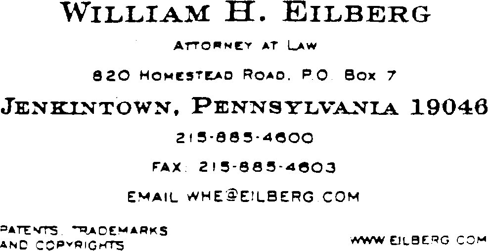 Picture of business card of William H. Eilberg, Attorney at Law, 820 Homestead Road, P.O. Box 7, Jenkintown, Pennsylvania 19046, 215-855-4600, email whe@eilberg.com